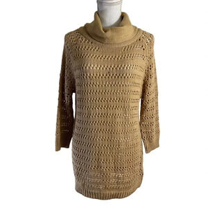 Pink Angel Love Gold Metallic Open Knit Sweater Tunic Top XL Acrylic Fall Blouse